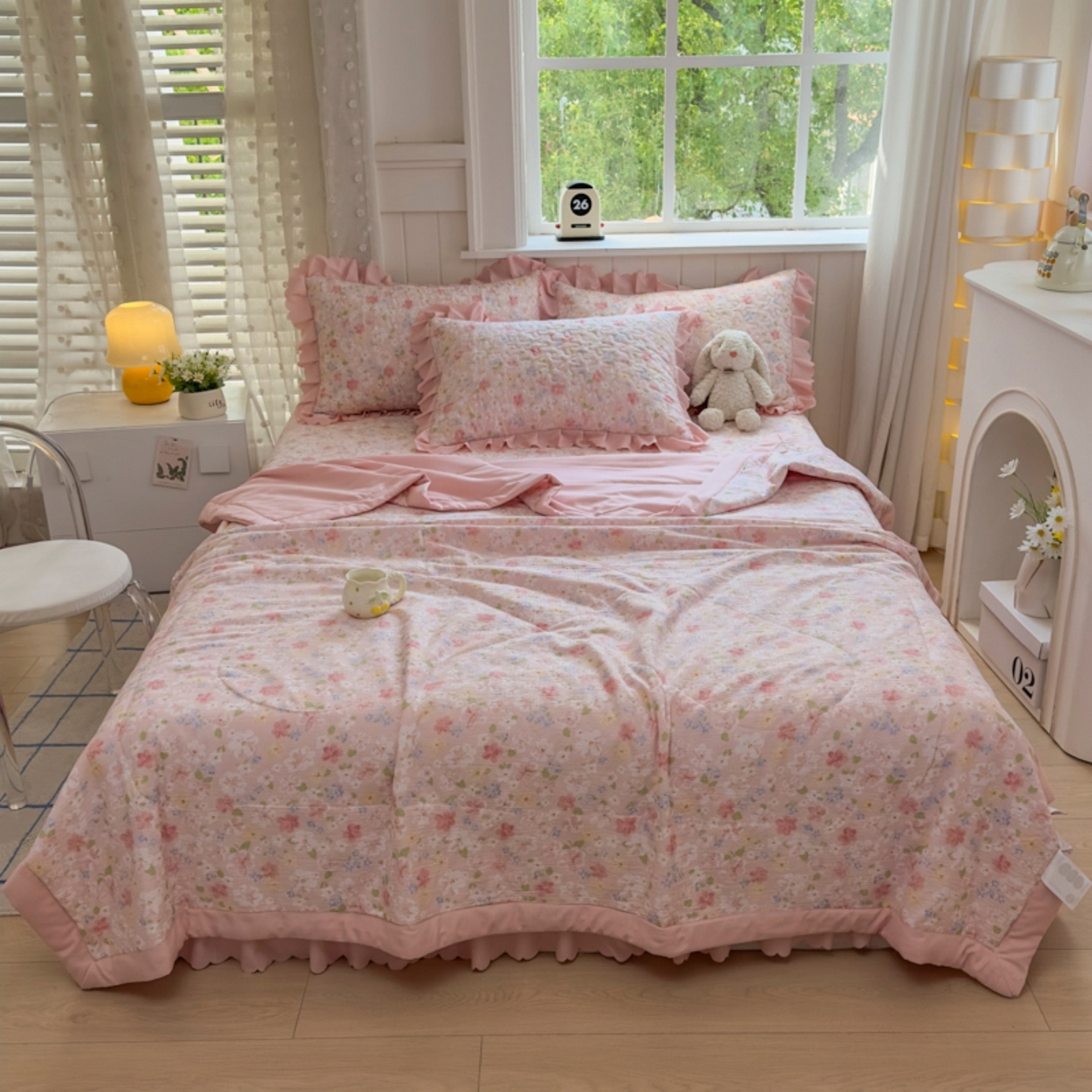 91家纺网 家纺一手货源 找家纺 雅眠居 2026直播爆款双层蕾丝花边夏被款床盖款四件套 十里桃花