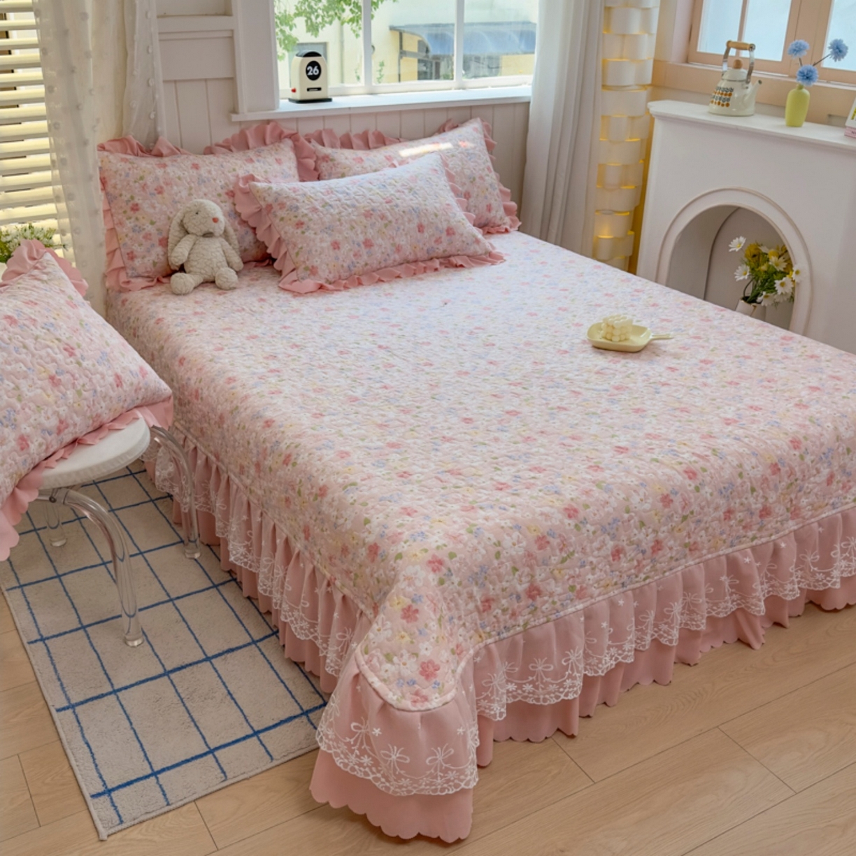 91家纺网 家纺一手货源 找家纺 雅眠居 2026直播爆款双层蕾丝花边夏被款床盖款四件套 十里桃花