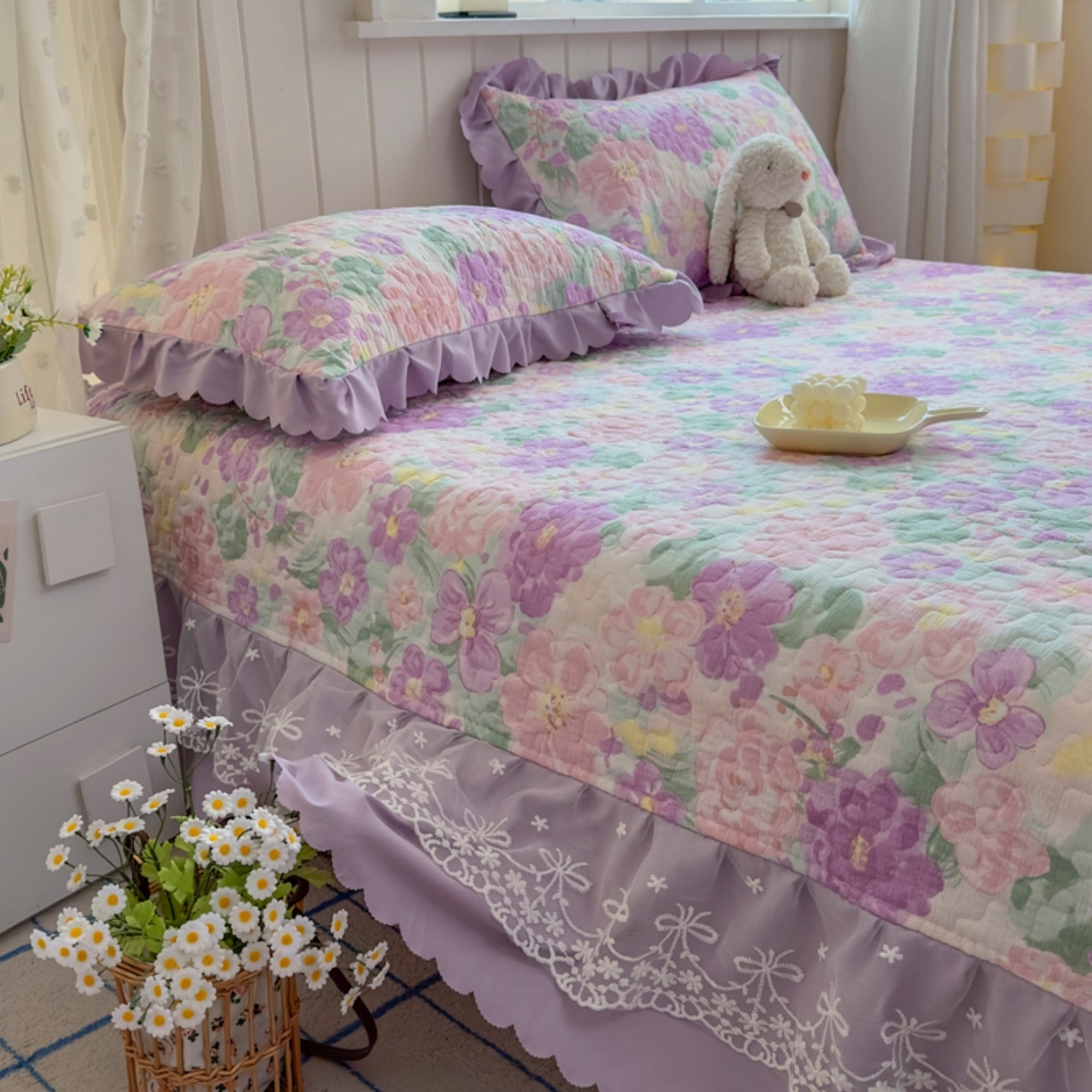 91家纺网 家纺一手货源 找家纺 雅眠居 2026直播爆款双层蕾丝花边夏被款床盖款四件套 夏花