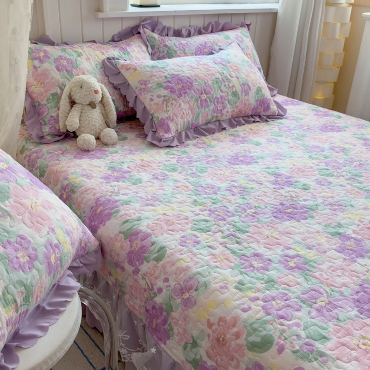 91家纺网 家纺一手货源 找家纺 雅眠居 2026直播爆款双层蕾丝花边夏被款床盖款四件套 夏花