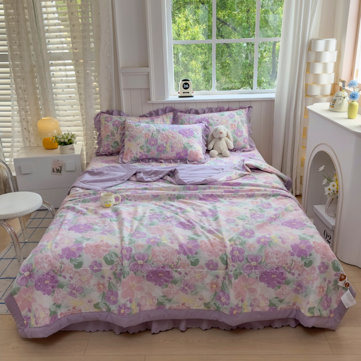 91家纺网 家纺一手货源 找家纺 雅眠居 2026直播爆款双层蕾丝花边夏被款床盖款四件套 夏花