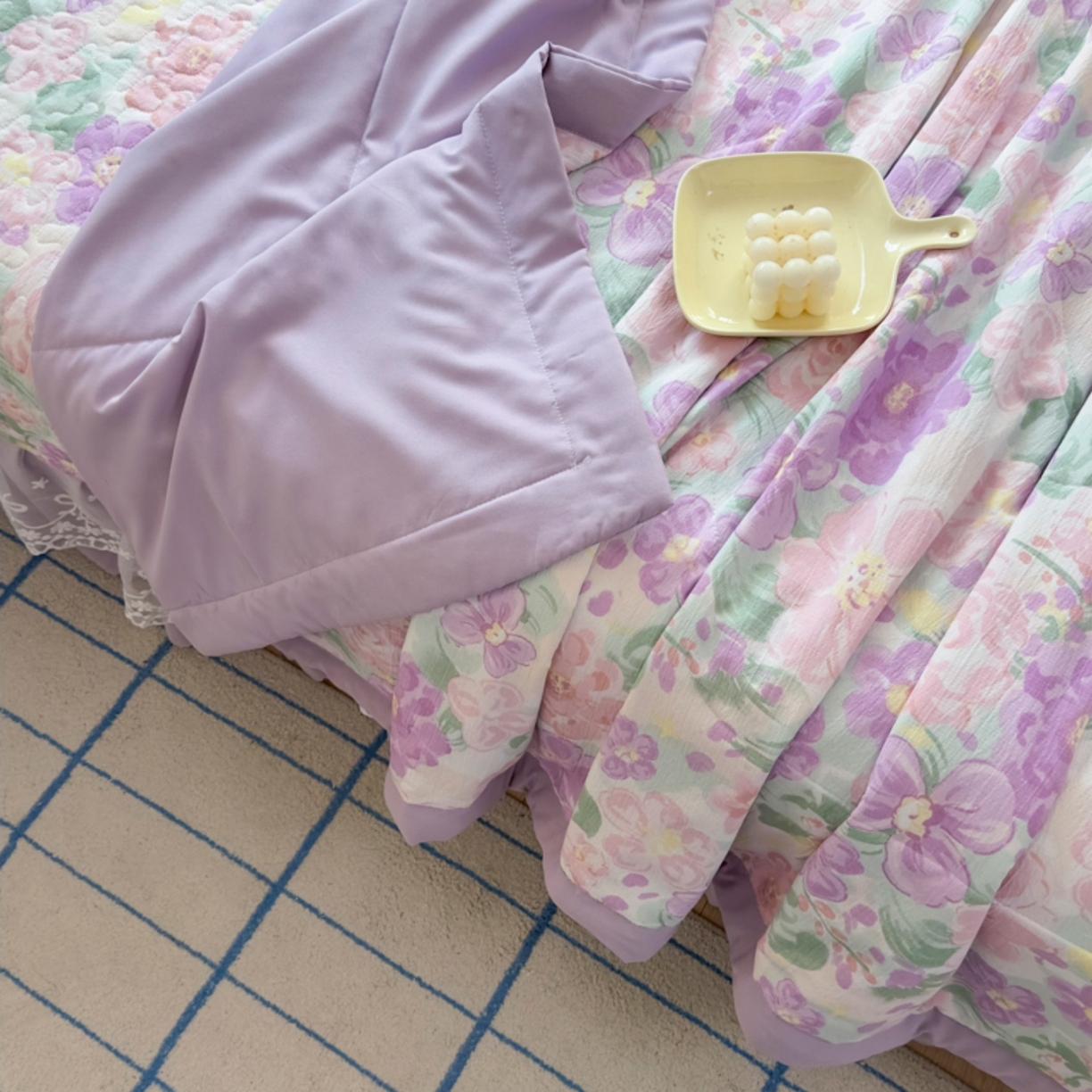 91家纺网 家纺一手货源 找家纺 雅眠居 2026直播爆款双层蕾丝花边夏被款床盖款四件套 夏花