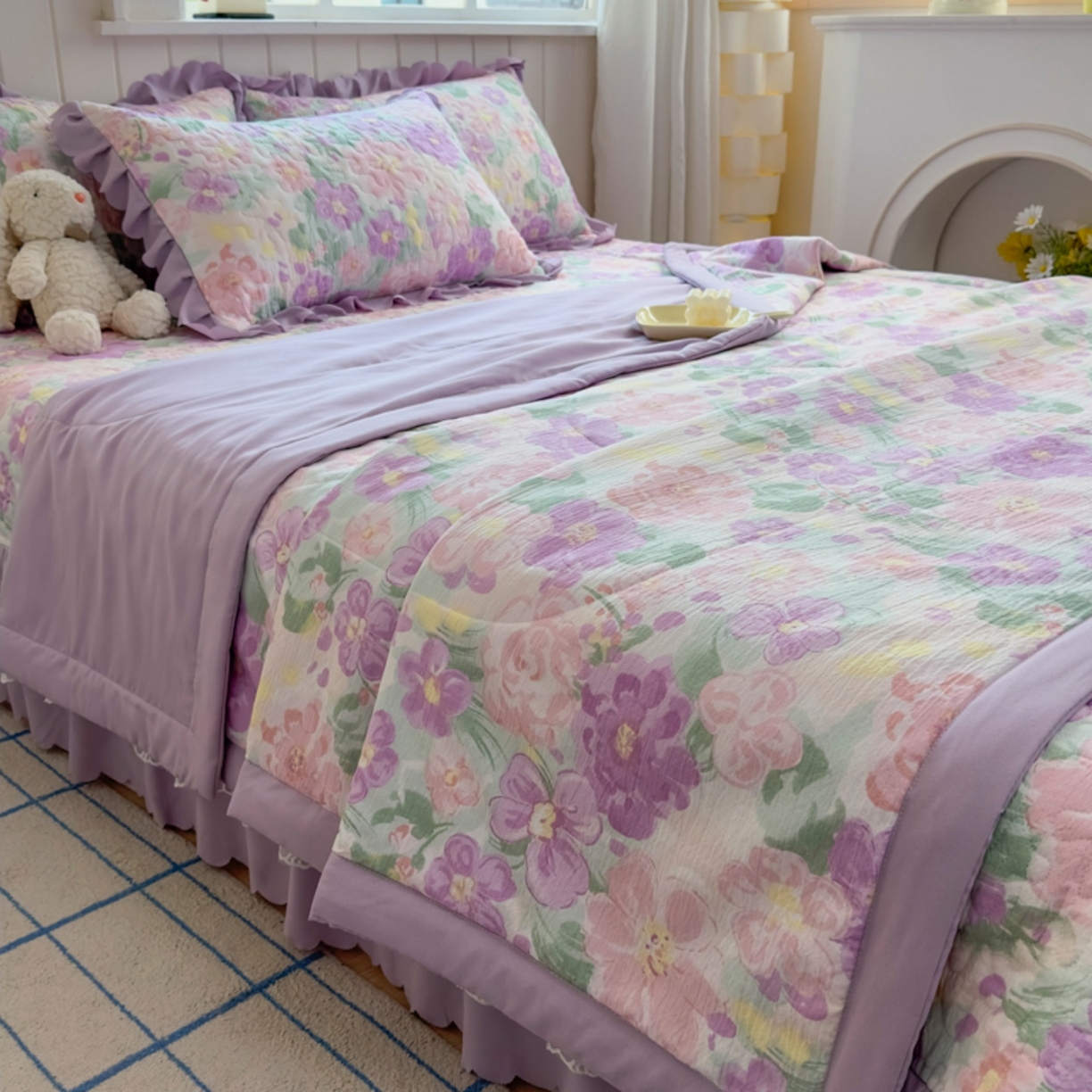 91家纺网 家纺一手货源 找家纺 雅眠居 2026直播爆款双层蕾丝花边夏被款床盖款四件套 夏花