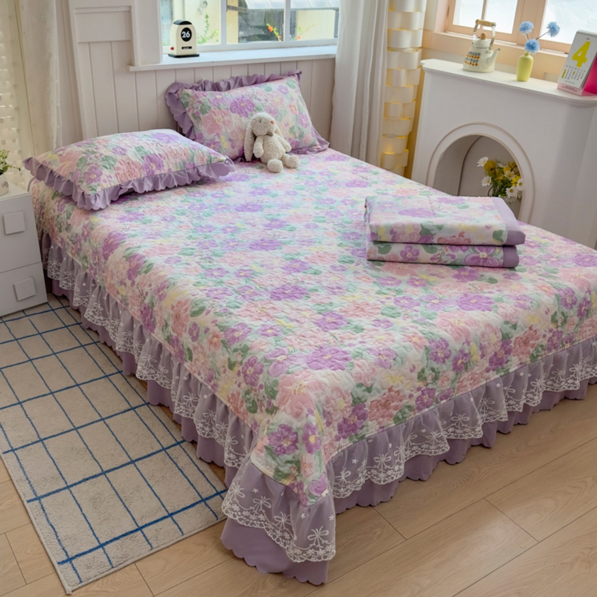 91家纺网 家纺一手货源 找家纺 雅眠居 2026直播爆款双层蕾丝花边夏被款床盖款四件套 夏花