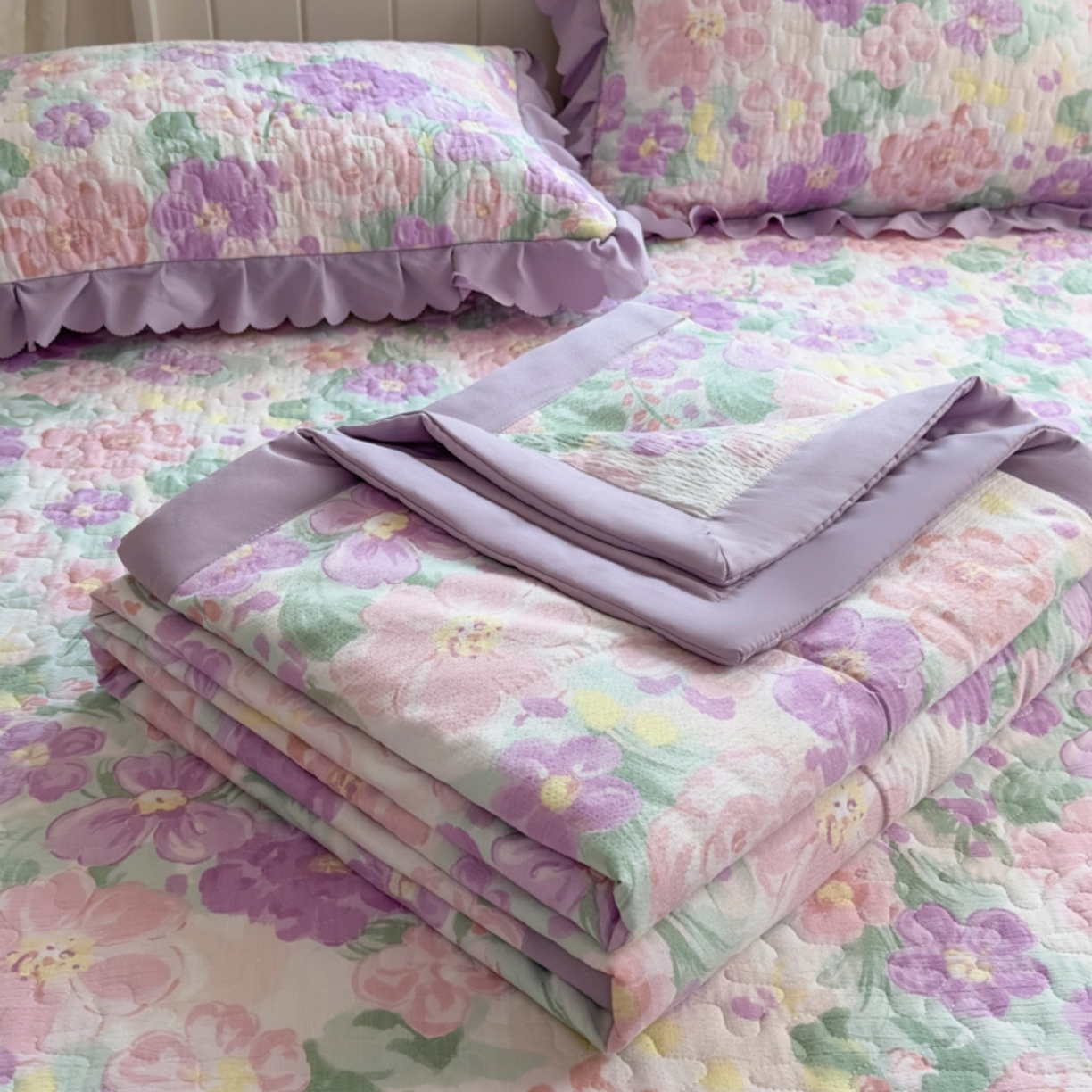 91家纺网 家纺一手货源 找家纺 雅眠居 2026直播爆款双层蕾丝花边夏被款床盖款四件套 夏花