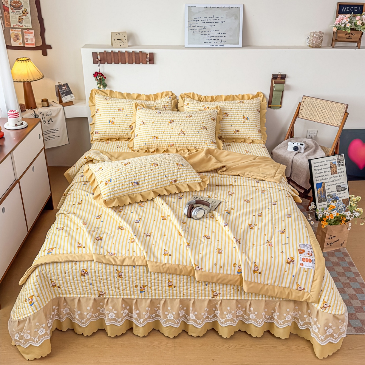 91家纺网 家纺一手货源 找家纺 雅眠居 2026直播爆款双层蕾丝花边夏被款床盖款四件套 小福星