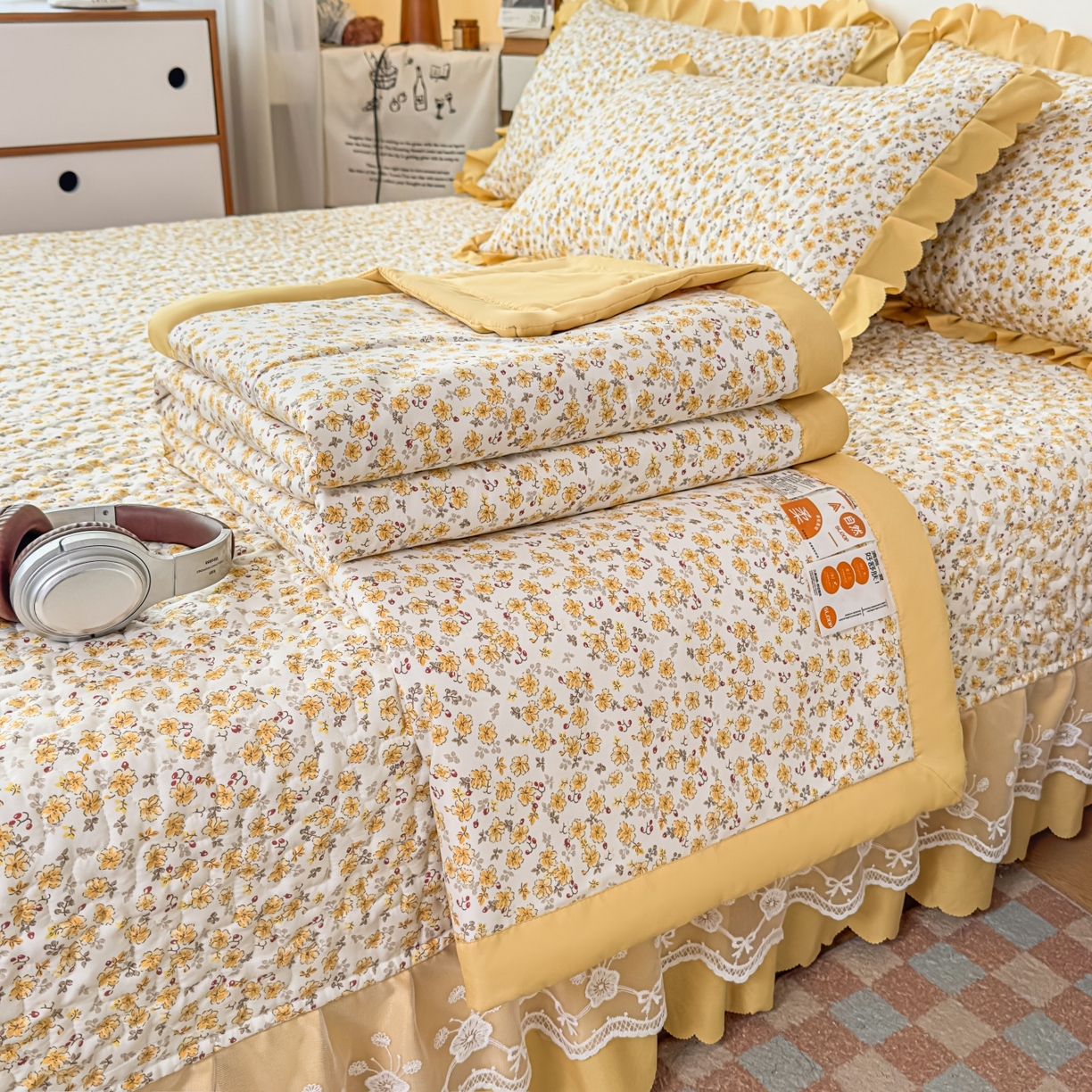 雅眠居 2026直播爆款双层蕾丝花边夏被款床盖款四件套 小时光