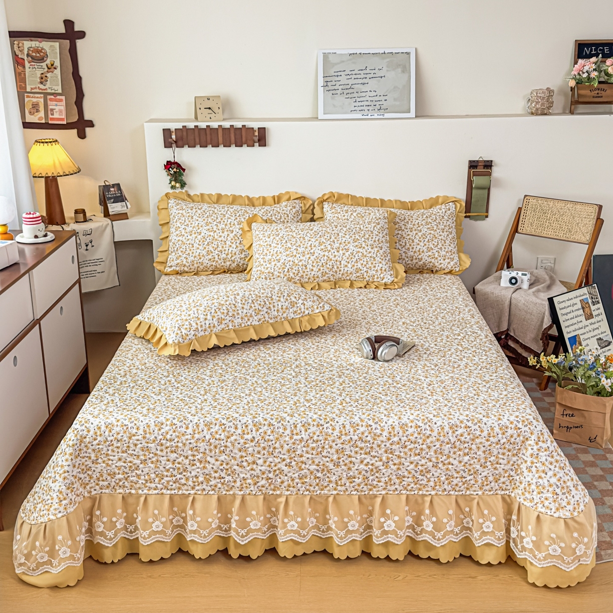 91家纺网 家纺一手货源 找家纺 雅眠居 2026直播爆款双层蕾丝花边夏被款床盖款四件套 小时光