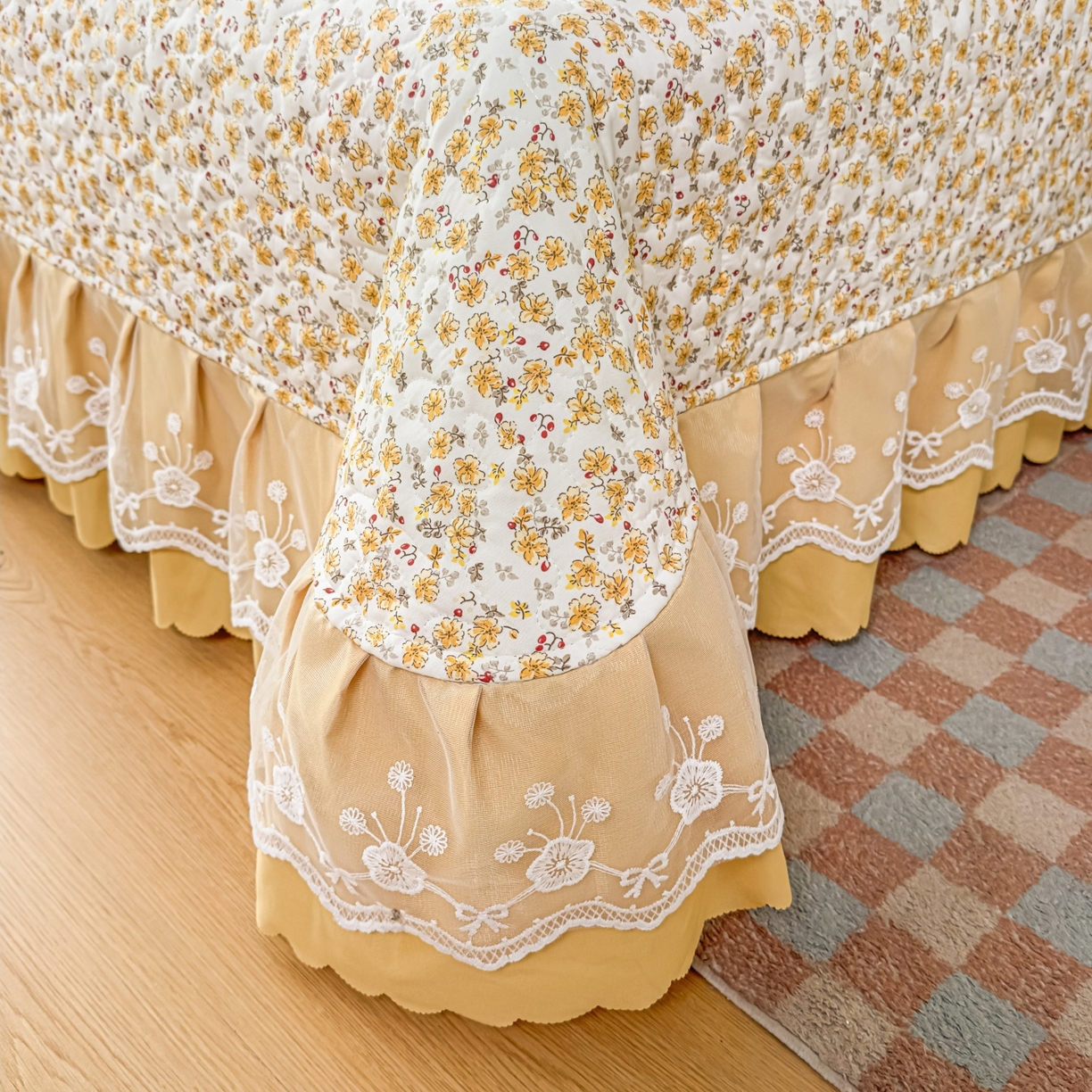 91家纺网 家纺一手货源 找家纺 雅眠居 2026直播爆款双层蕾丝花边夏被款床盖款四件套 小时光