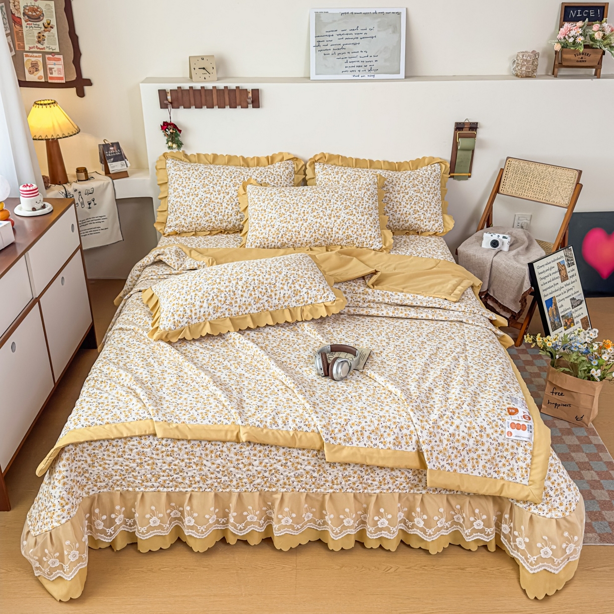 91家纺网 家纺一手货源 找家纺 雅眠居 2026直播爆款双层蕾丝花边夏被款床盖款四件套 小时光