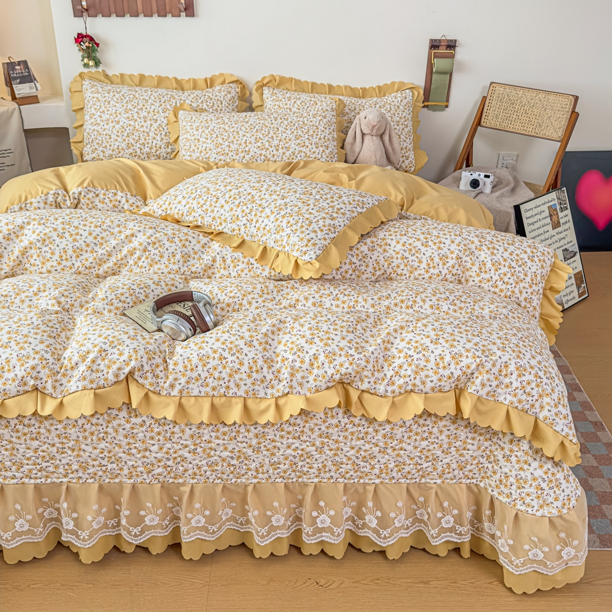 91家纺网 家纺一手货源 找家纺 雅眠居 2026直播爆款双层蕾丝花边夏被款床盖款四件套 小时光