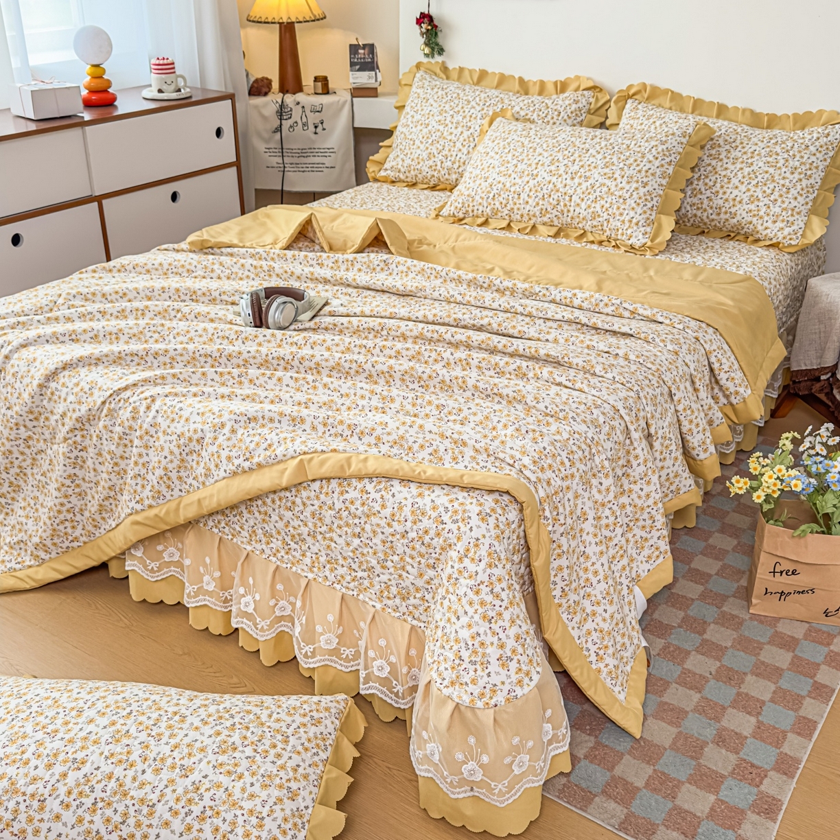 91家纺网 家纺一手货源 找家纺 雅眠居 2026直播爆款双层蕾丝花边夏被款床盖款四件套 小时光