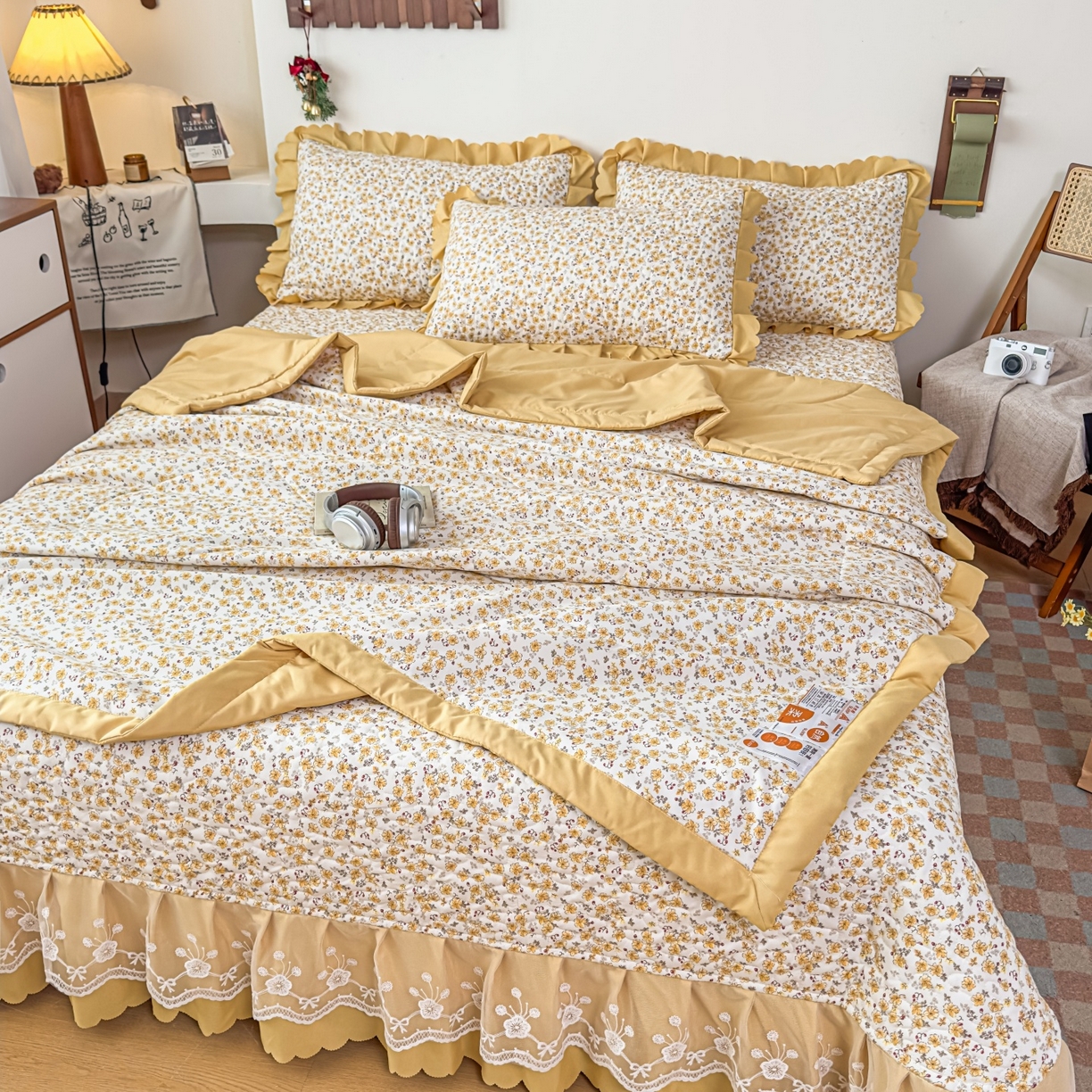 91家纺网 家纺一手货源 找家纺 雅眠居 2026直播爆款双层蕾丝花边夏被款床盖款四件套 小时光