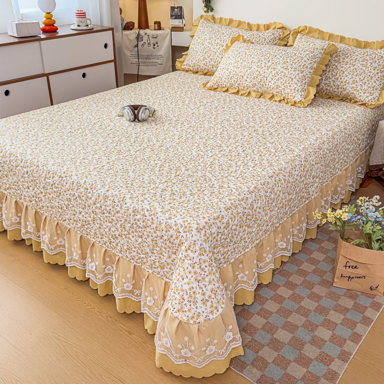 91家纺网 家纺一手货源 找家纺 雅眠居 2026直播爆款双层蕾丝花边夏被款床盖款四件套 小时光