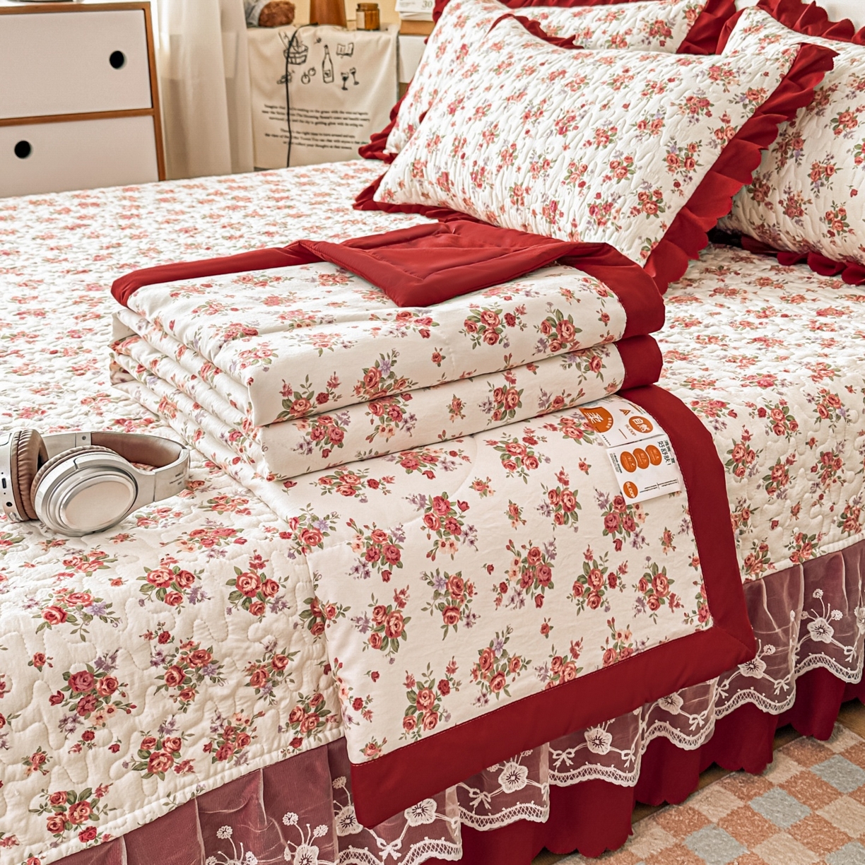 雅眠居 2026直播爆款双层蕾丝花边夏被款床盖款四件套 胭花集