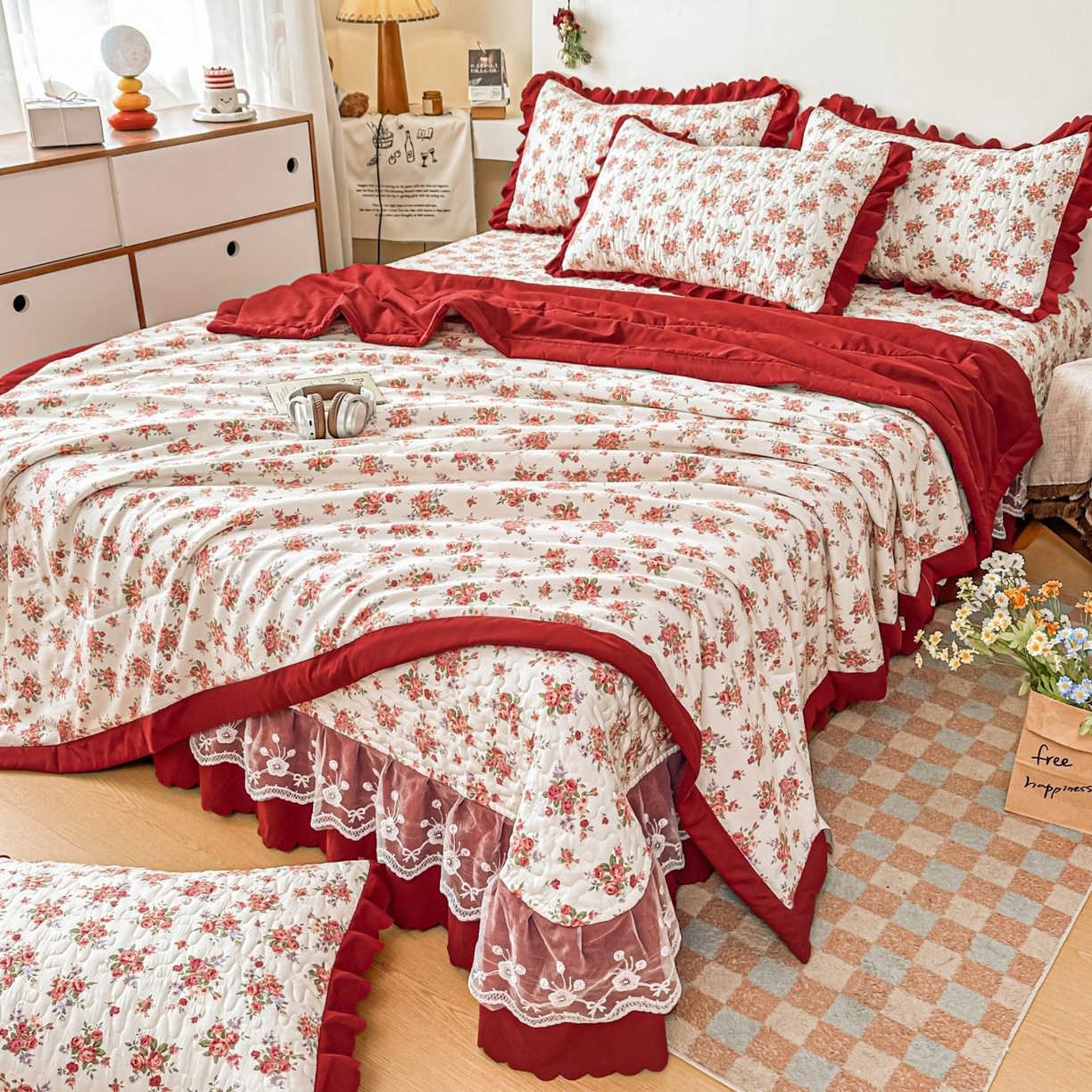 91家纺网 家纺一手货源 找家纺 雅眠居 2026直播爆款双层蕾丝花边夏被款床盖款四件套 胭花集