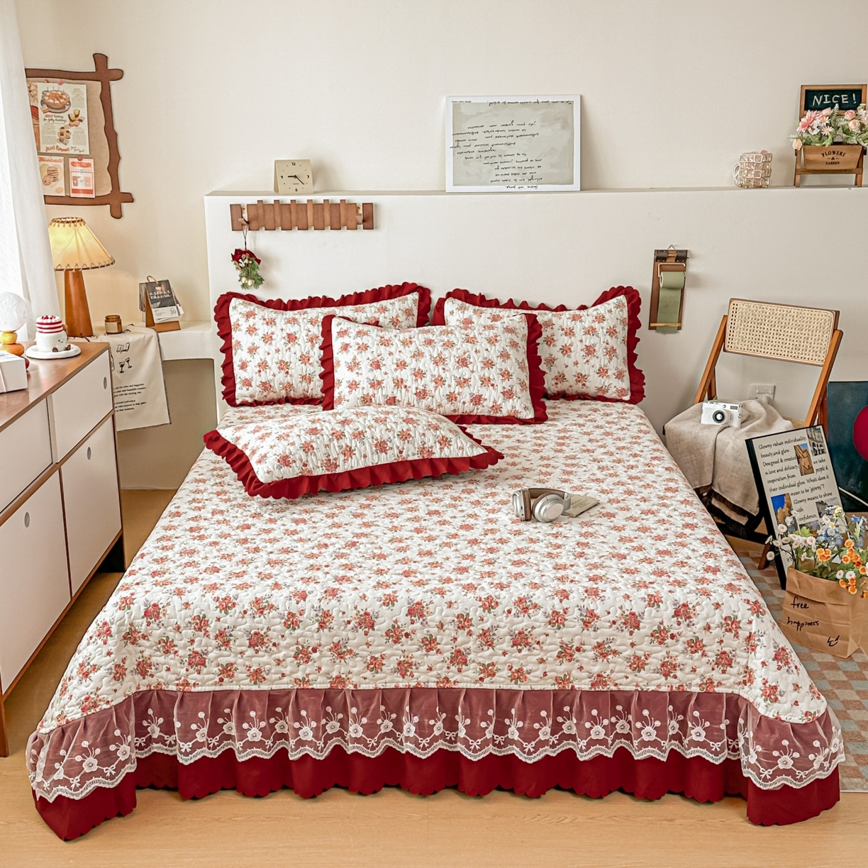 91家纺网 家纺一手货源 找家纺 雅眠居 2026直播爆款双层蕾丝花边夏被款床盖款四件套 胭花集