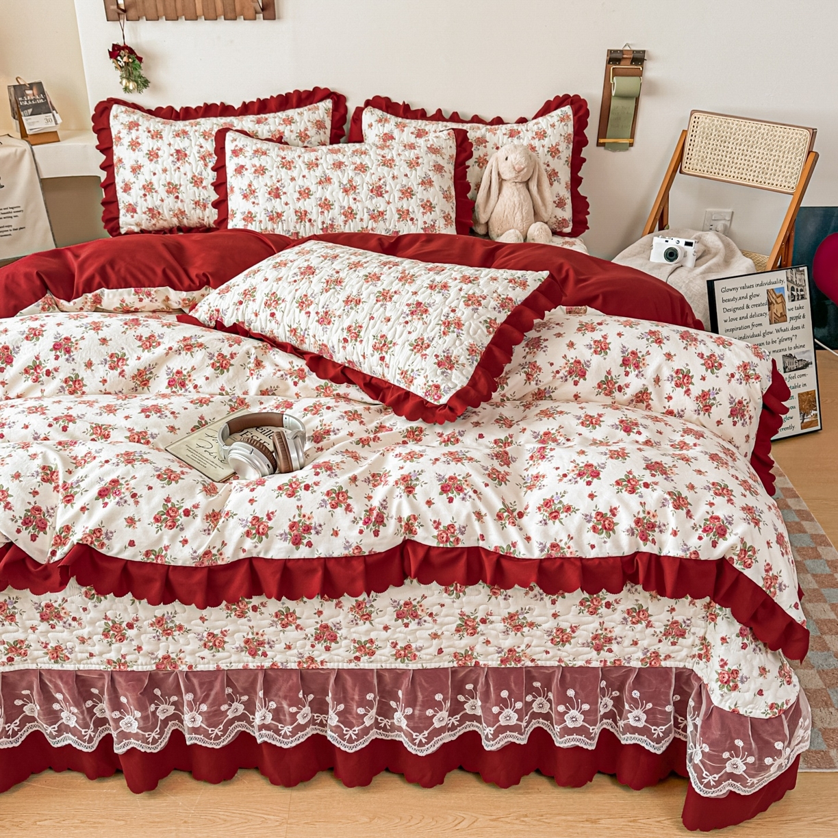 91家纺网 家纺一手货源 找家纺 雅眠居 2026直播爆款双层蕾丝花边夏被款床盖款四件套 胭花集