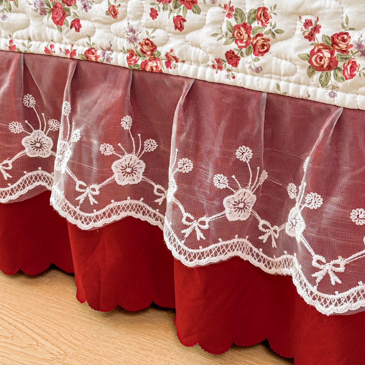 91家纺网 家纺一手货源 找家纺 雅眠居 2026直播爆款双层蕾丝花边夏被款床盖款四件套 胭花集