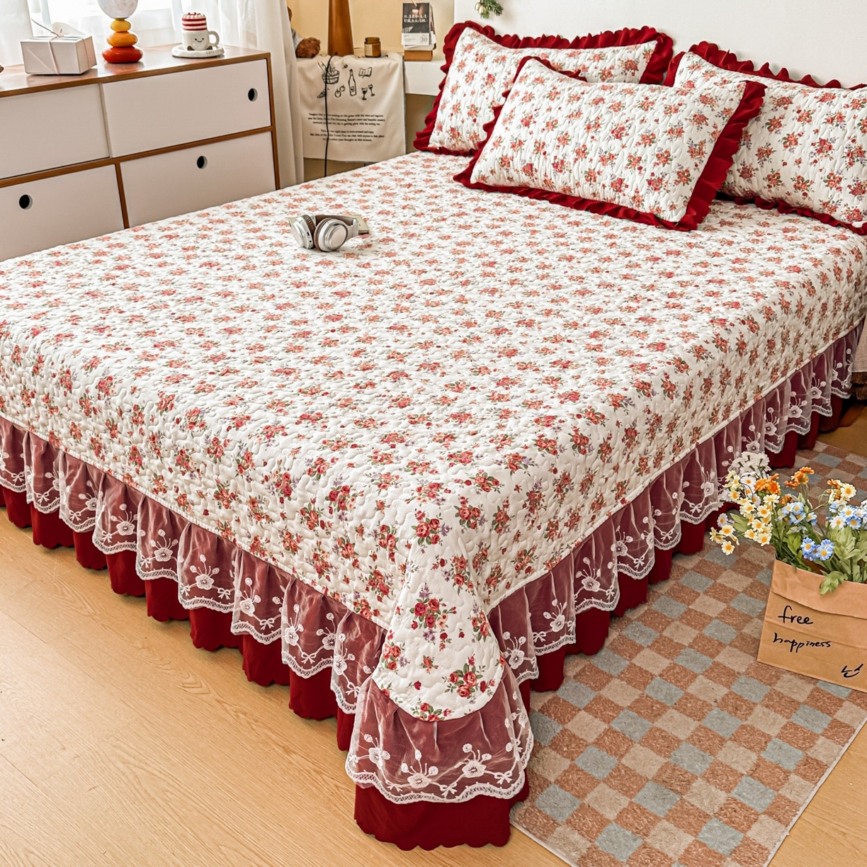 91家纺网 家纺一手货源 找家纺 雅眠居 2026直播爆款双层蕾丝花边夏被款床盖款四件套 胭花集