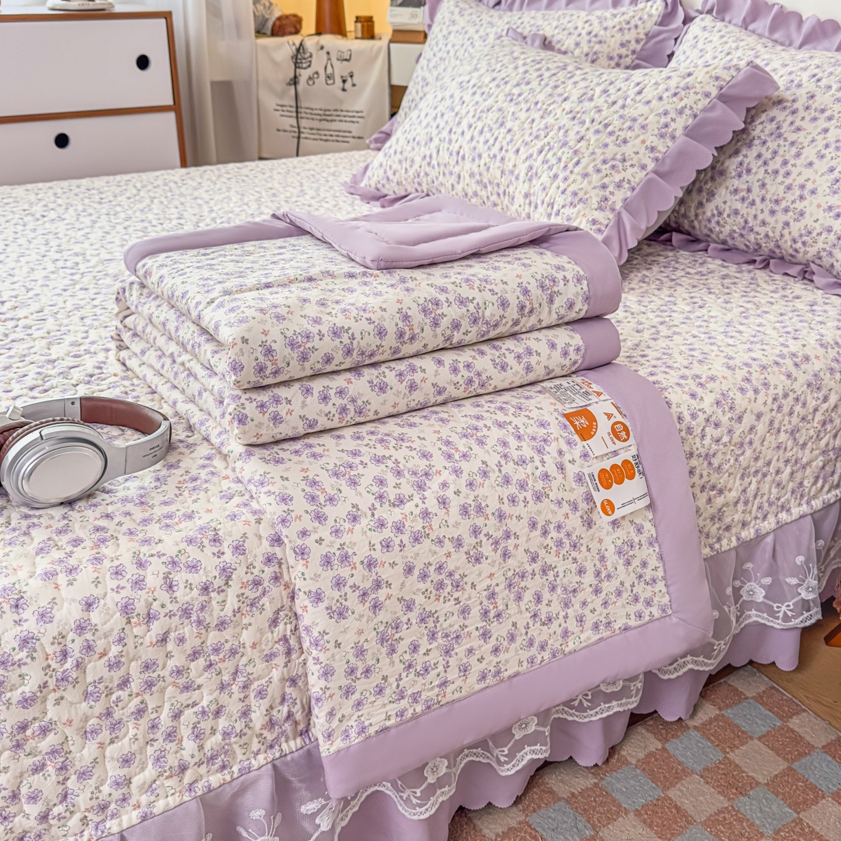 雅眠居 2026直播爆款双层蕾丝花边夏被款床盖款四件套 紫萱