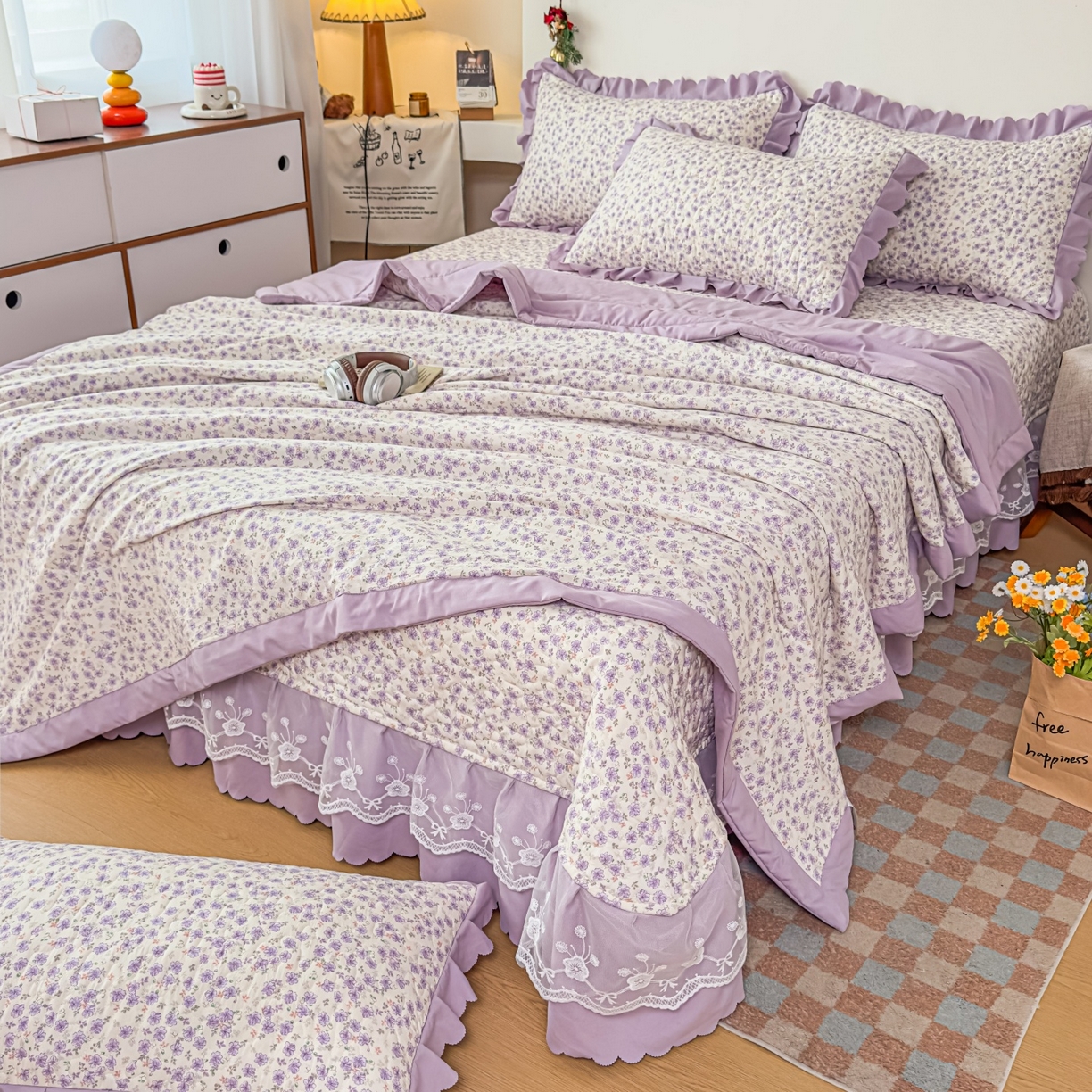 91家纺网 家纺一手货源 找家纺 雅眠居 2026直播爆款双层蕾丝花边夏被款床盖款四件套 紫萱