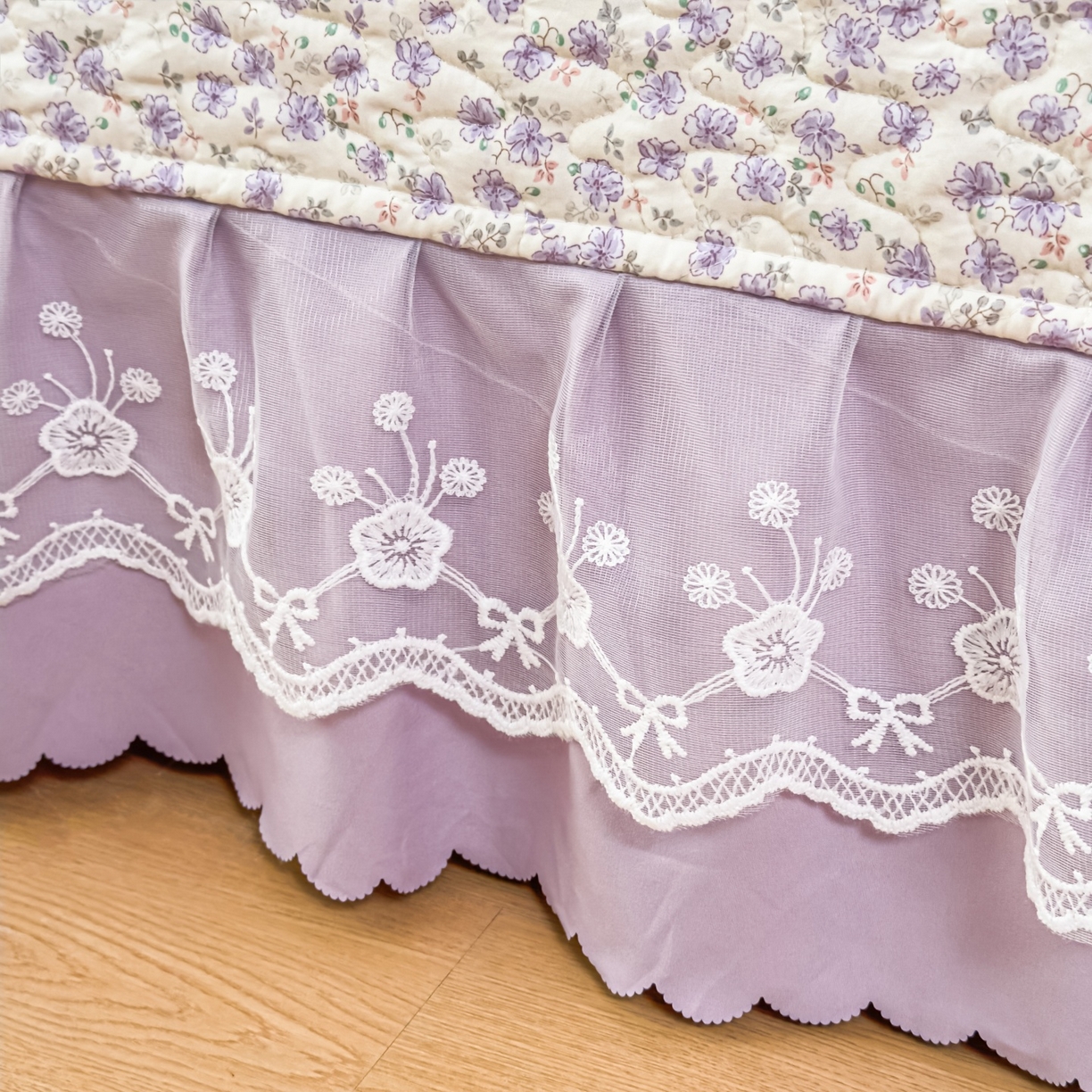 91家纺网 家纺一手货源 找家纺 雅眠居 2026直播爆款双层蕾丝花边夏被款床盖款四件套 紫萱