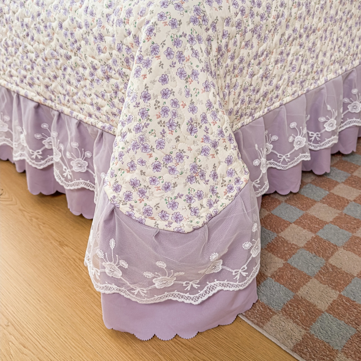 91家纺网 家纺一手货源 找家纺 雅眠居 2026直播爆款双层蕾丝花边夏被款床盖款四件套 紫萱