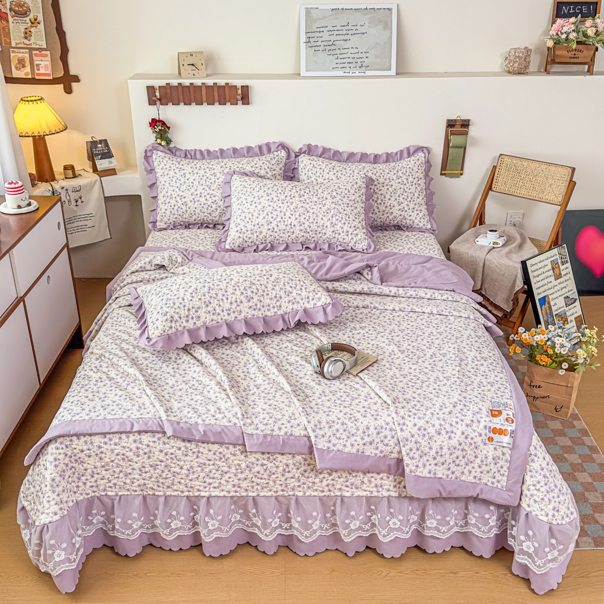 91家纺网 家纺一手货源 找家纺 雅眠居 2026直播爆款双层蕾丝花边夏被款床盖款四件套 紫萱
