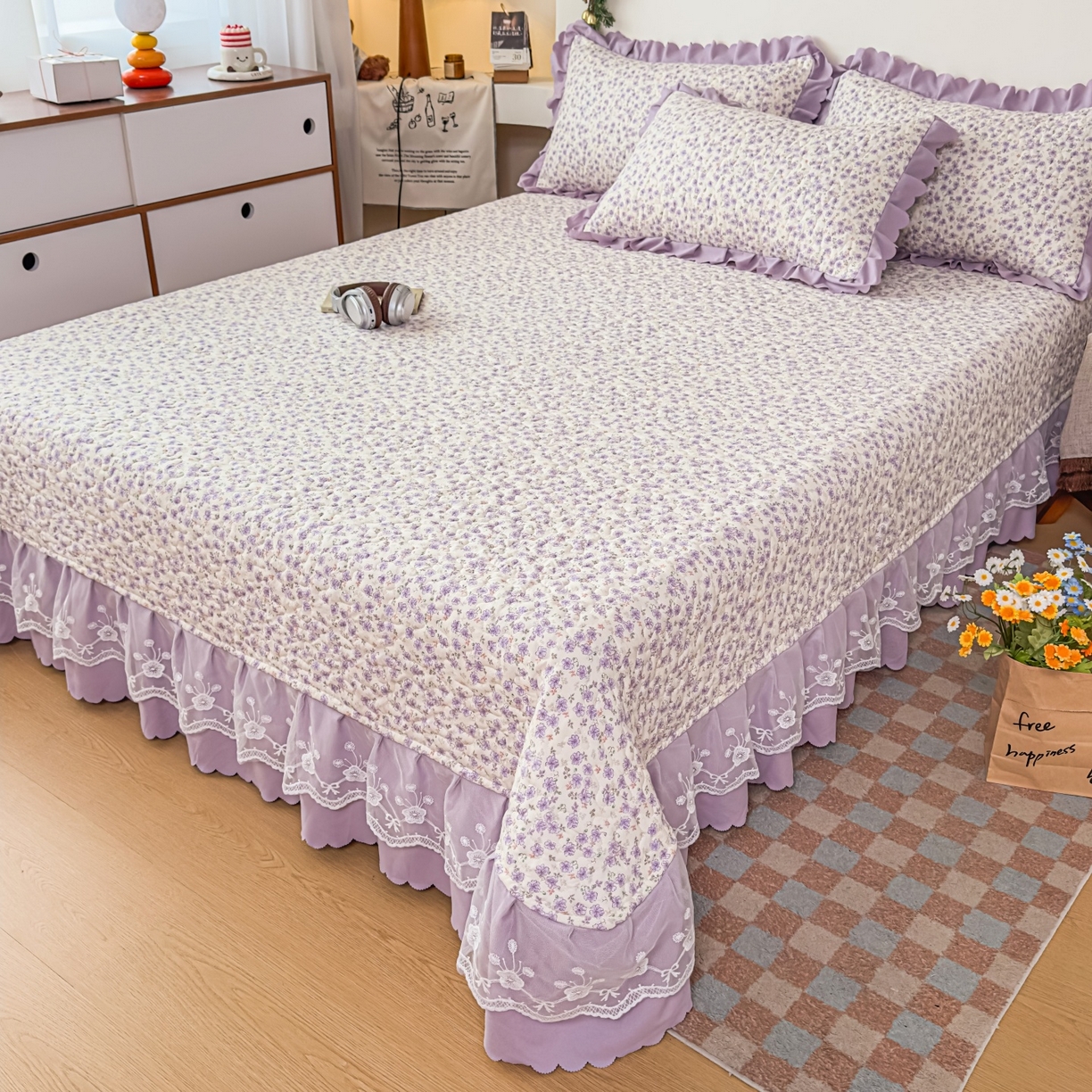 91家纺网 家纺一手货源 找家纺 雅眠居 2026直播爆款双层蕾丝花边夏被款床盖款四件套 紫萱