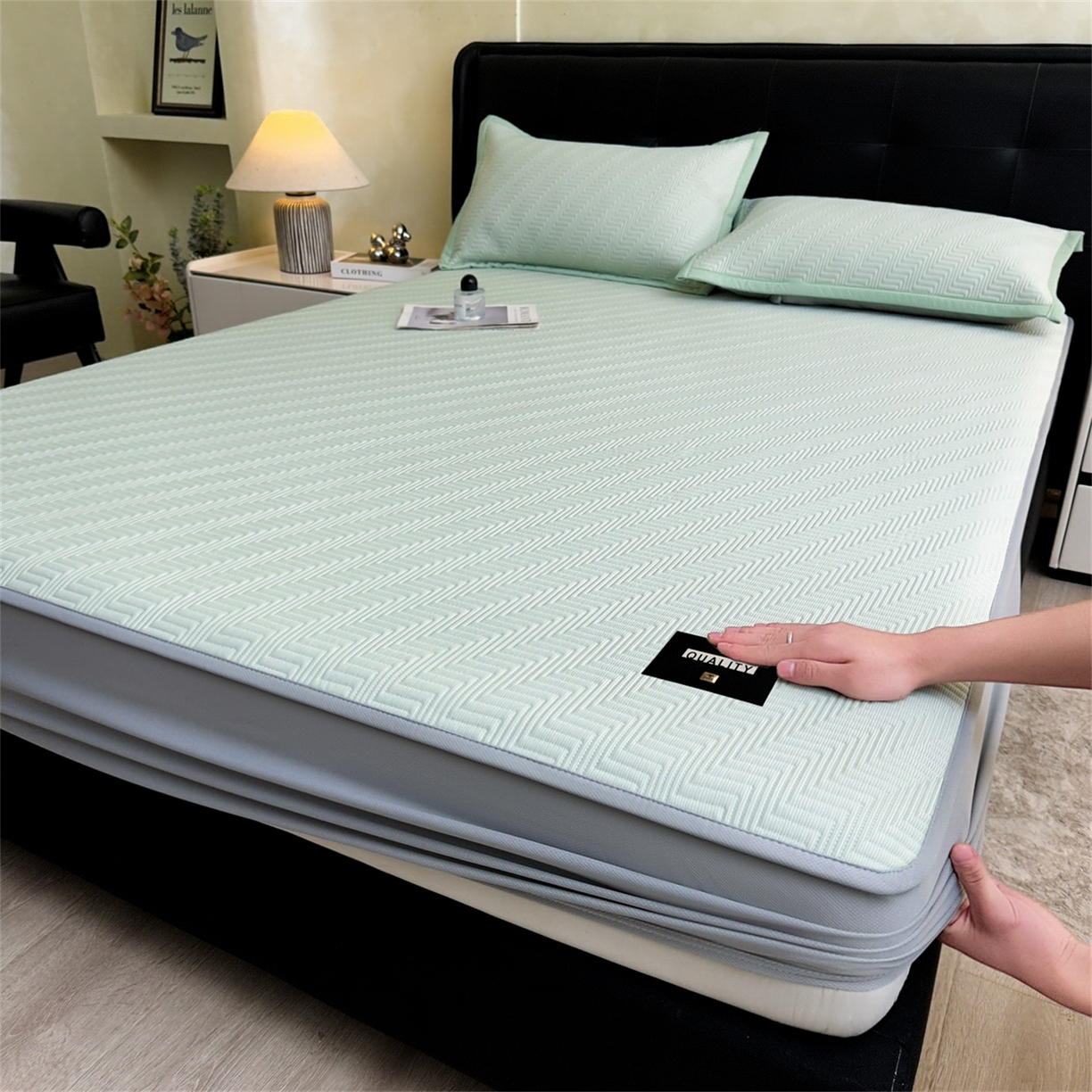 91家纺网 家纺一手货源 找家纺 （总）慕木家纺 2026新款A类高克重三明治复合乙纶提花冰豆豆凉席床笠冰棱斜纹系列（提供买家秀）