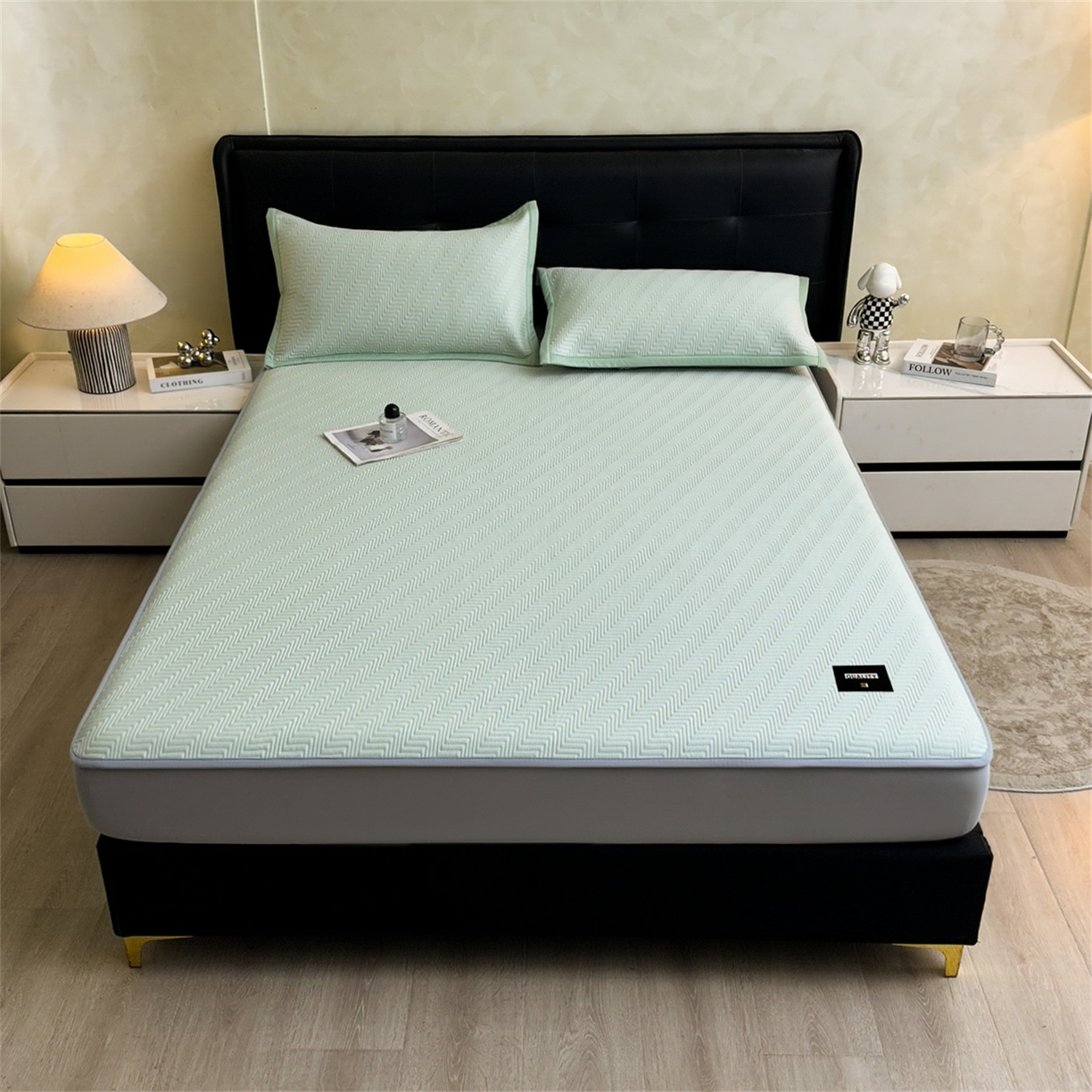 91家纺网 家纺一手货源 找家纺 慕木家纺 2026新款A类高克重三明治复合乙纶提花冰豆豆凉席床笠冰棱斜纹系列（提供买家秀） 冰棱斜纹-绿床笠款