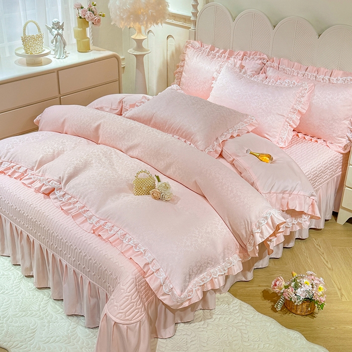 91家纺网 家纺一手货源 找家纺 优贝家纺 2026春夏新款提花水洗天丝冰丝天丝韩版夹棉床盖四件套 梵希-粉