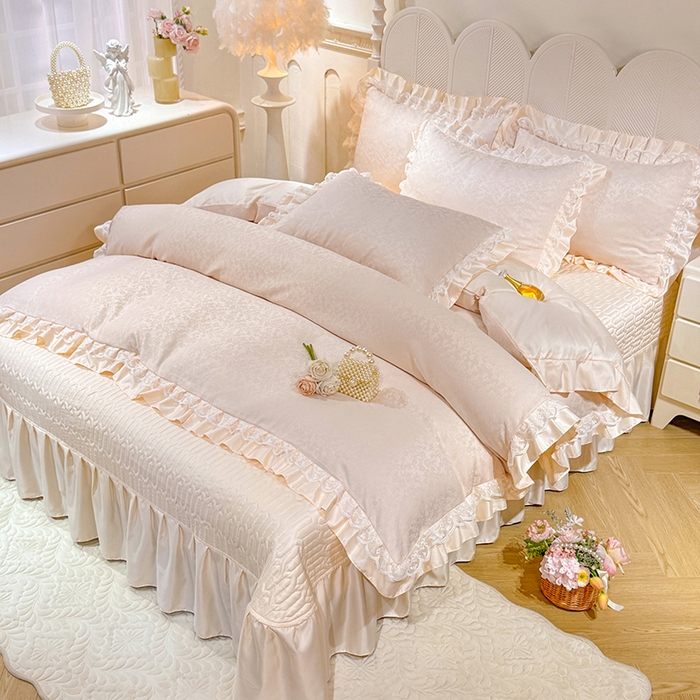 91家纺网 家纺一手货源 找家纺 优贝家纺 2026春夏新款提花水洗天丝冰丝天丝韩版夹棉床盖四件套 梵希-米白