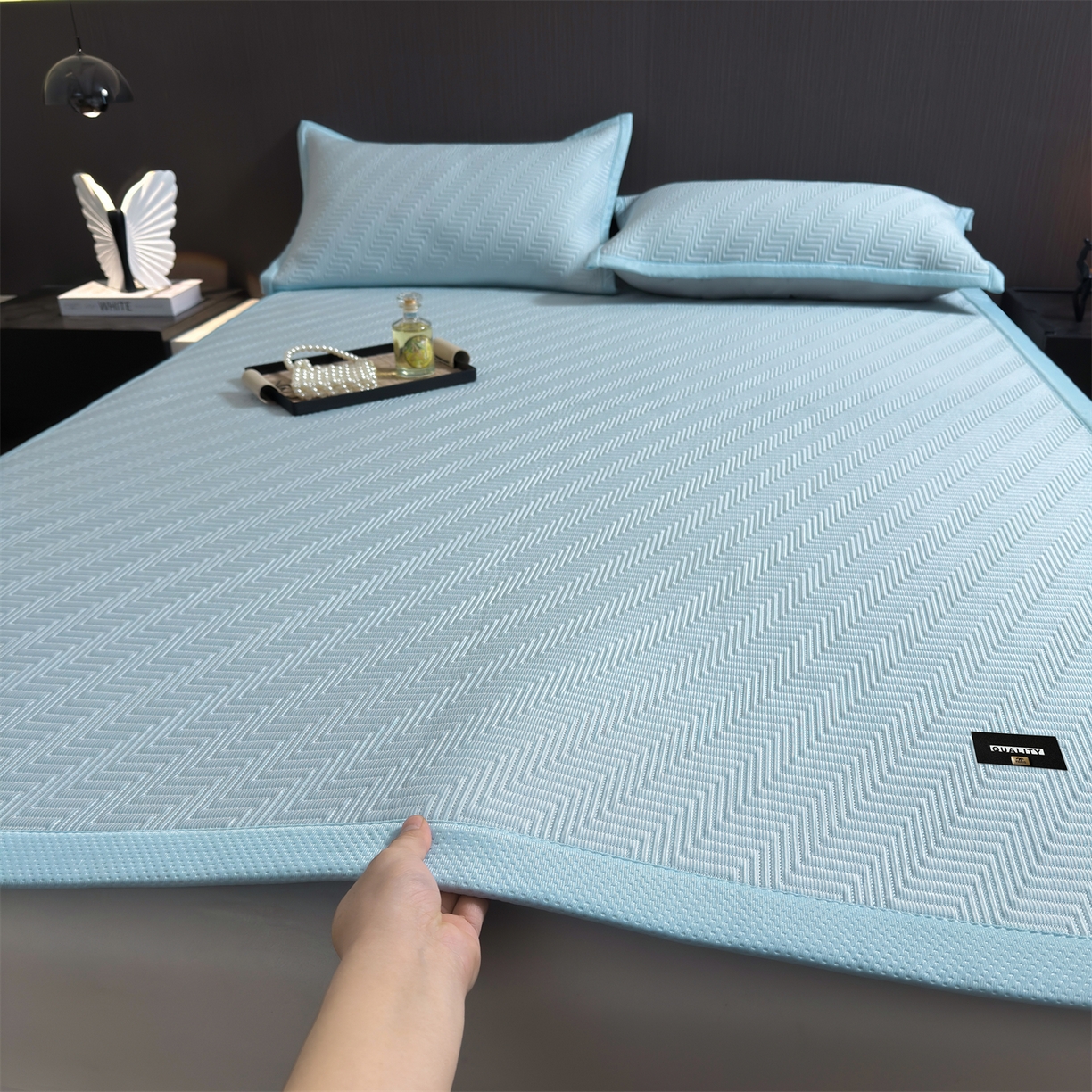 91家纺网 家纺一手货源 找家纺 （总）慕木家纺 2026新款A类高克重三明治复合乙纶提花冰豆豆凉席床笠冰棱斜纹系列（提供买家秀）