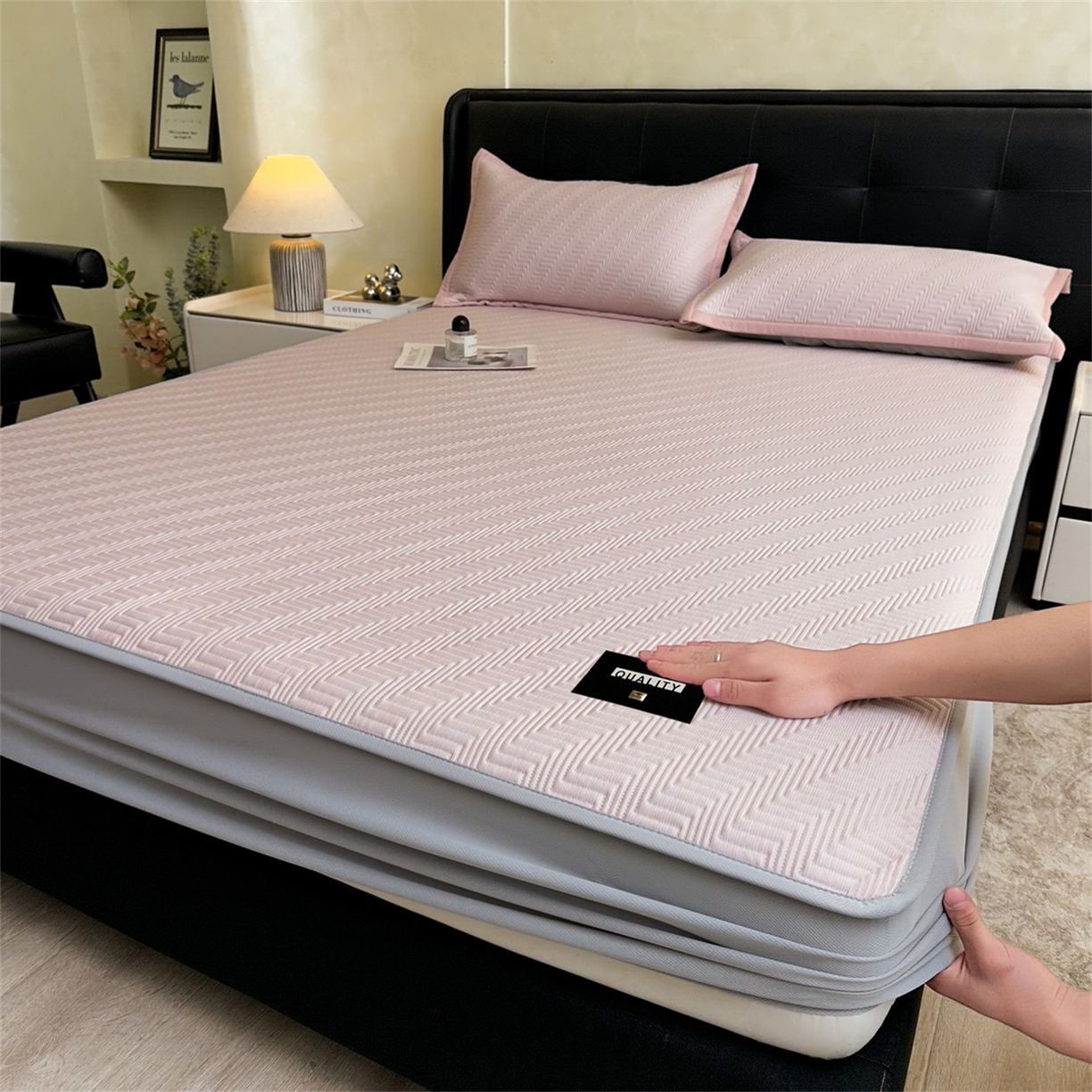 慕木家纺 2026新款A类高克重三明治复合乙纶提花冰豆豆凉席床笠冰棱斜纹系列（提供买家秀） 冰棱斜纹-粉床笠款