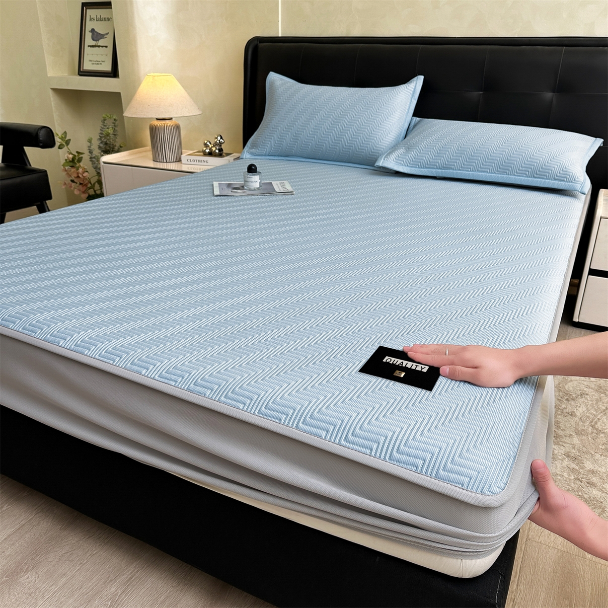 慕木家纺 2026新款A类高克重三明治复合乙纶提花冰豆豆凉席床笠冰棱斜纹系列（提供买家秀） 冰棱斜纹-蓝床笠款