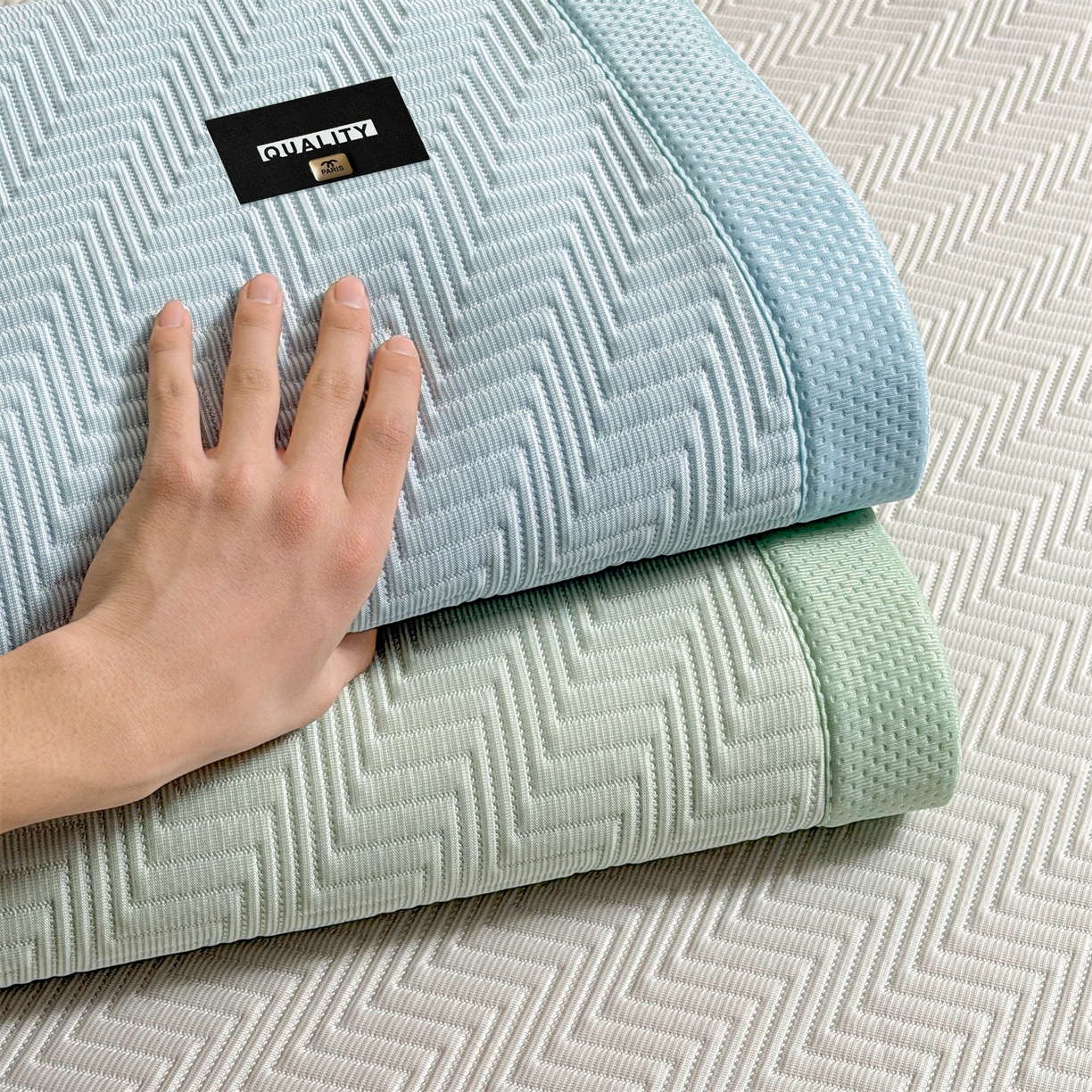 91家纺网 家纺一手货源 找家纺 慕木家纺 2026新款A类高克重三明治复合乙纶提花冰豆豆凉席床笠冰棱斜纹系列（提供买家秀） 组合图床席款