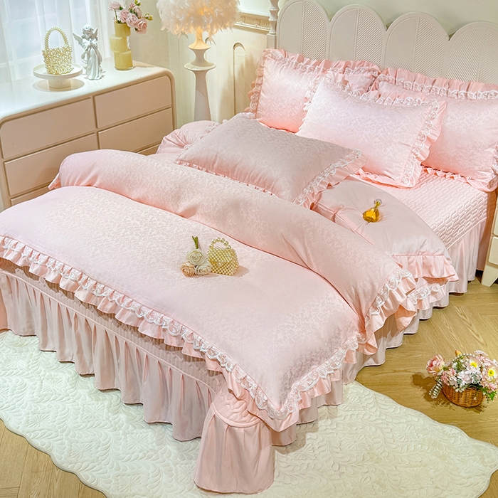 91家纺网 家纺一手货源 找家纺 优贝家纺 2026春夏新款提花水洗天丝冰丝天丝韩版夹棉床盖四件套 梵希-粉