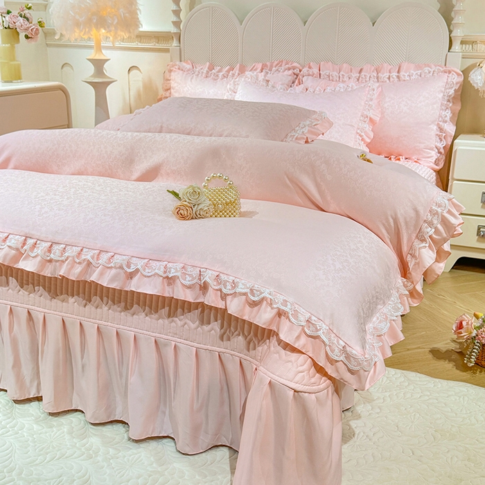 91家纺网 家纺一手货源 找家纺 优贝家纺 2026春夏新款提花水洗天丝冰丝天丝韩版夹棉床盖四件套 梵希-粉