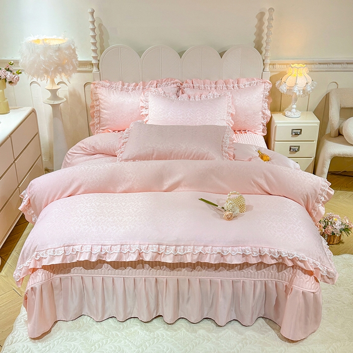 91家纺网 家纺一手货源 找家纺 优贝家纺 2026春夏新款提花水洗天丝冰丝天丝韩版夹棉床盖四件套 梵希-粉