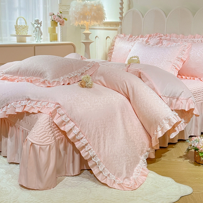 91家纺网 家纺一手货源 找家纺 优贝家纺 2026春夏新款提花水洗天丝冰丝天丝韩版夹棉床盖四件套 梵希-粉