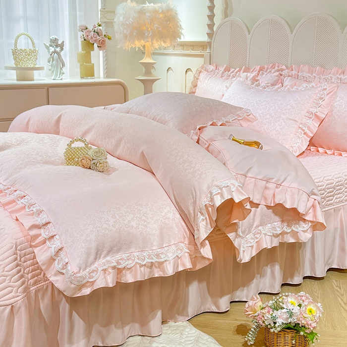 91家纺网 家纺一手货源 找家纺 优贝家纺 2026春夏新款提花水洗天丝冰丝天丝韩版夹棉床盖四件套 梵希-粉