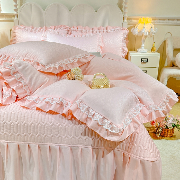 91家纺网 家纺一手货源 找家纺 优贝家纺 2026春夏新款提花水洗天丝冰丝天丝韩版夹棉床盖四件套 梵希-粉