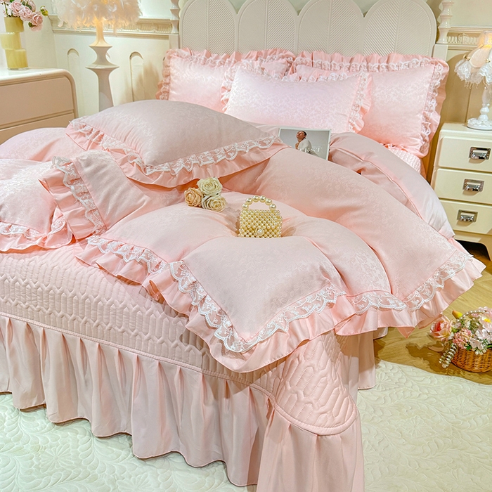 91家纺网 家纺一手货源 找家纺 优贝家纺 2026春夏新款提花水洗天丝冰丝天丝韩版夹棉床盖四件套 梵希-粉