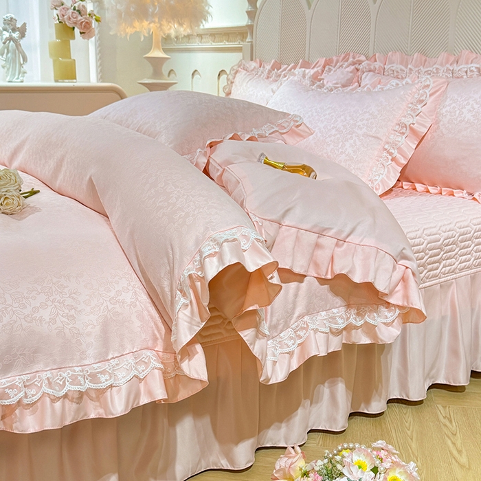 91家纺网 家纺一手货源 找家纺 优贝家纺 2026春夏新款提花水洗天丝冰丝天丝韩版夹棉床盖四件套 梵希-粉