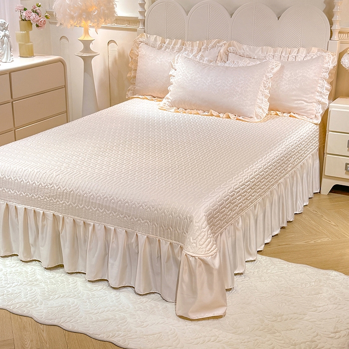 91家纺网 家纺一手货源 找家纺 优贝家纺 2026春夏新款提花水洗天丝冰丝天丝韩版夹棉床盖四件套 梵希-米白