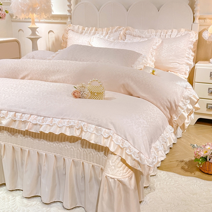 91家纺网 家纺一手货源 找家纺 优贝家纺 2026春夏新款提花水洗天丝冰丝天丝韩版夹棉床盖四件套 梵希-米白