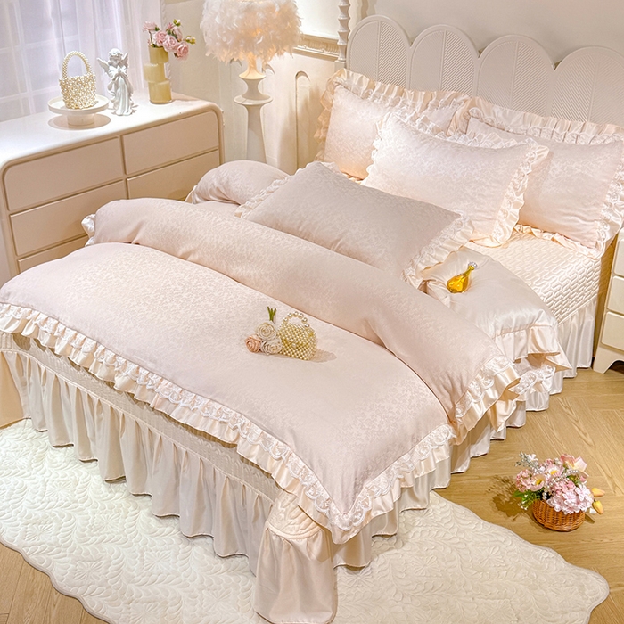 91家纺网 家纺一手货源 找家纺 优贝家纺 2026春夏新款提花水洗天丝冰丝天丝韩版夹棉床盖四件套 梵希-米白