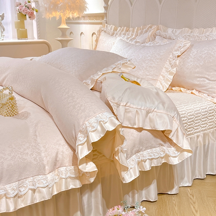 91家纺网 家纺一手货源 找家纺 优贝家纺 2026春夏新款提花水洗天丝冰丝天丝韩版夹棉床盖四件套 梵希-米白